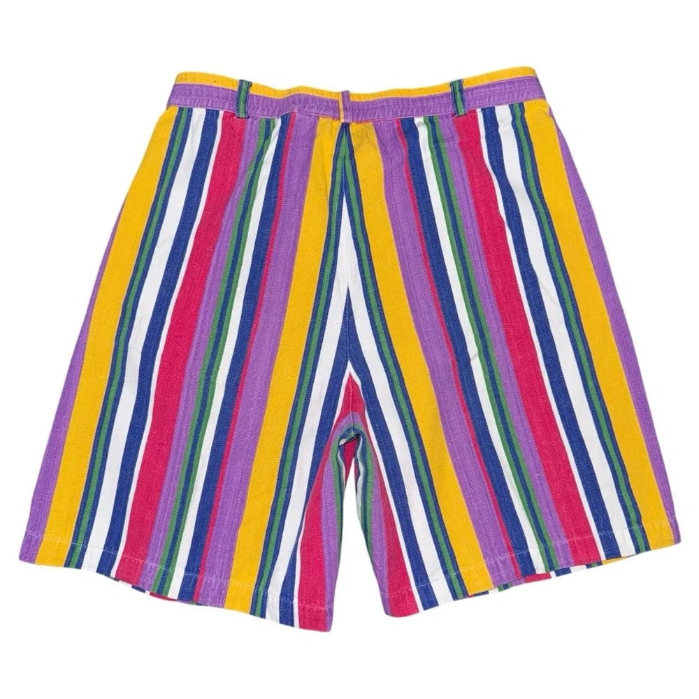 Vintage 80s Ruff Hewn High Rise Bold Rainbow Stripe Pleated Shorts Sz 6 Cotton